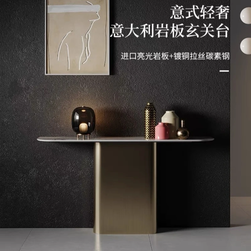 

Italian foyer Entry door Entrance table against the wall Light luxury rock slab Super narrow semicircular entrance platform