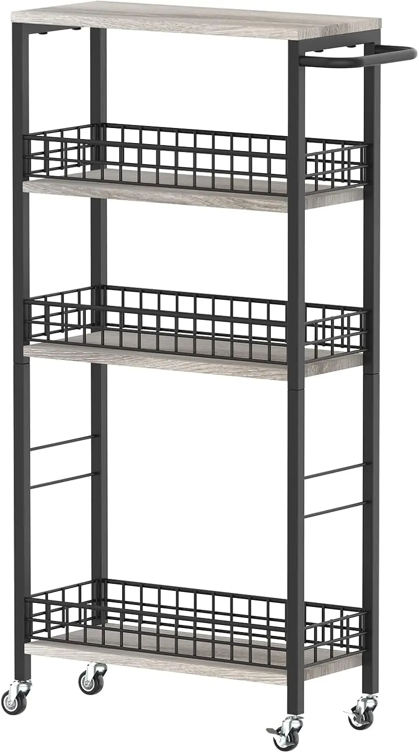 

4-уровневая узкая тележка для хранения, тележка для белья на колесиках, универсальная кухонная тележка с деревянной столешницей, мобильная полка-тележка