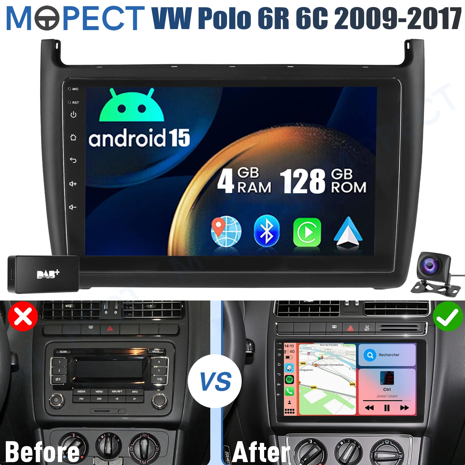 4+128GB 9 inch Android 15 autoradio met CarPlay voor VW Polo 6R 6C 2009-2017 GPS navigatie touchscreen FM/AM head unit SWC+DAB&camera