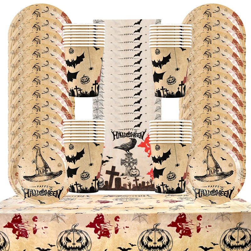 Halloween Party Tableware Disposable Paper Plates Cups Napkins Tablecloth Cutlery Set Happy Halloween Home Party Decor Supplies