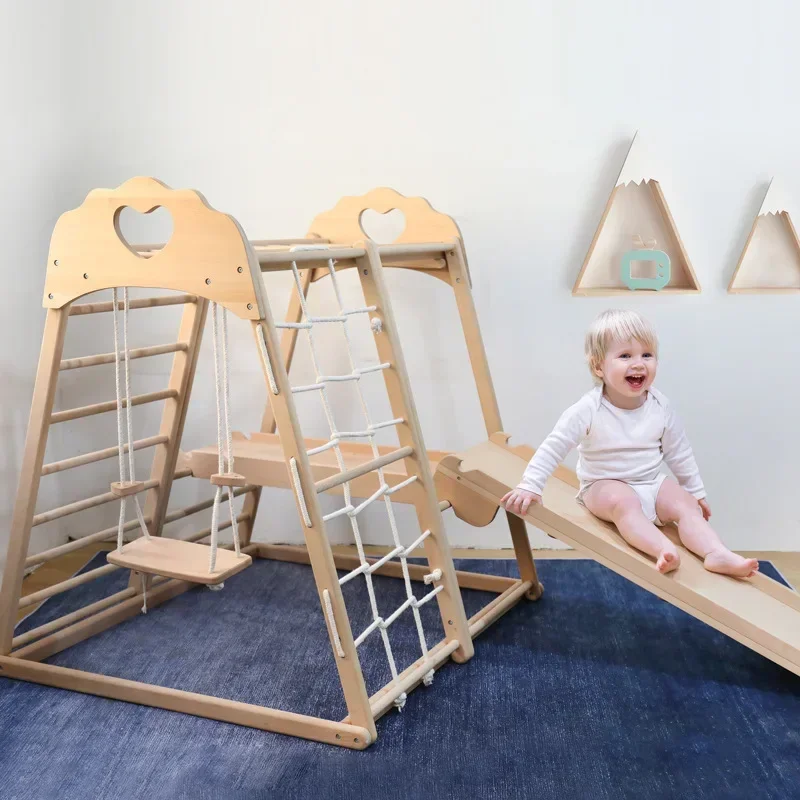 Children's indoor wooden climbing frame kindergarten swing toy children's physical training slide toy