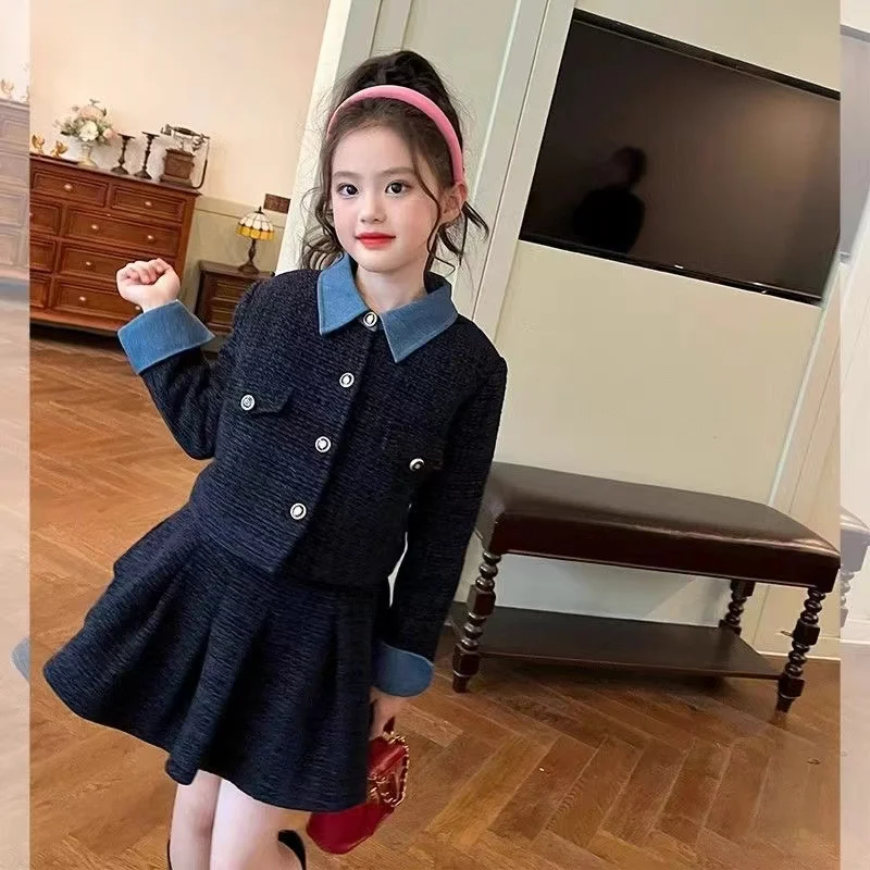 

Girls Tweed Suit Autumn New Korean Fashion Plaid Elegant Small Fragrant Wind Jacket + Skirt 2pcs Sets Kids Outfits