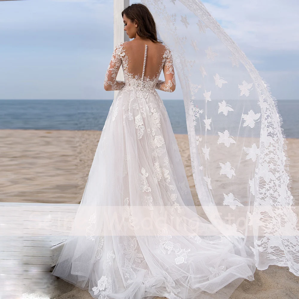 Abiti da sposa Boho 2022 o-collo maniche lunghe abiti da sposa in pizzo A-Line perline Sweep Train boemia abito da sposa Robe De Mariee