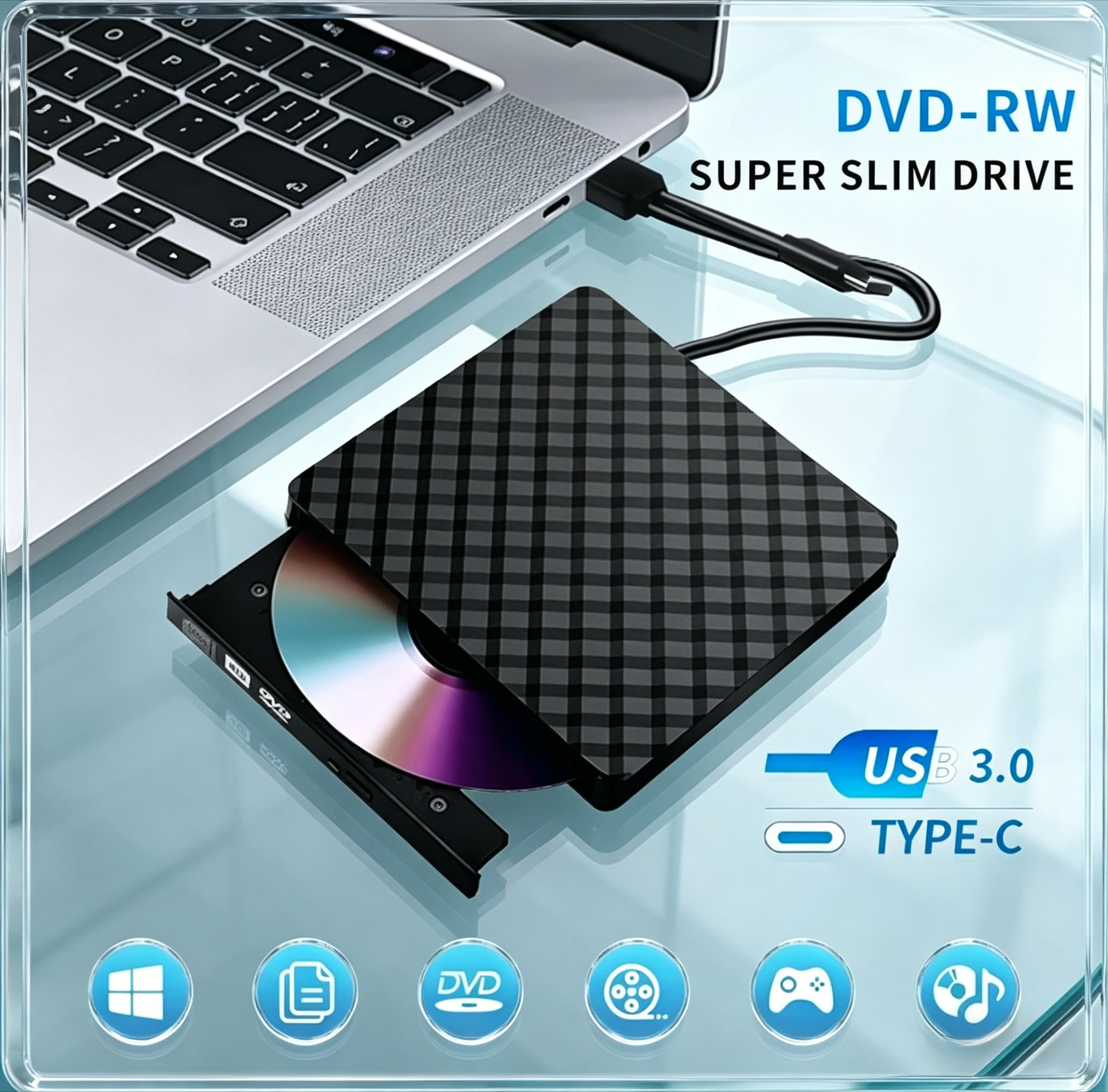 

External DVD RW Drive 2 in 1 USB 3.0 Type C Interface Slim CD DVD Writer Burner Reader Player Optical Drive For Laptop Notebook