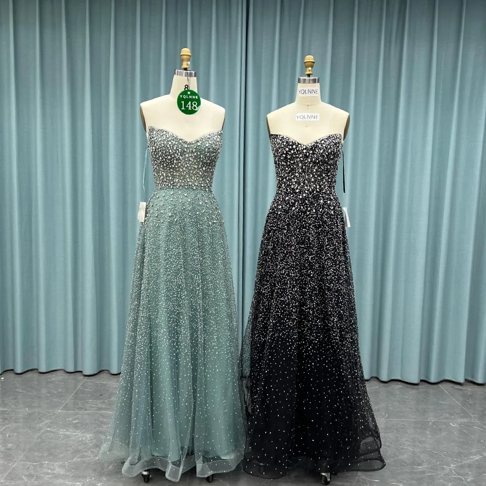 

YQLNNE 0148 Sparkly Black Crystals Beaded Evening Dresses Long Strapless