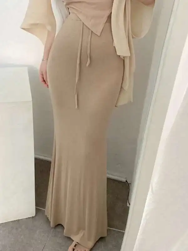 Spódnica damska w stylu koreańskim na jesień/zimę 2024, z wysokim stanem, sznurowana, typu rybka, gładka, wyszczuplająca, codzienna, uniwersalna, kopertowa, podkreślająca biodra, 14EG