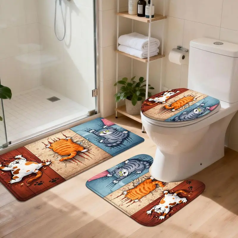 VIKAMA Funny Cat Scratch Bathroom Set 3 Piece Cartoon Kitten Toilet Lid Cover Non Slip Bath Rug U Shape Mat Pet Lover Decor