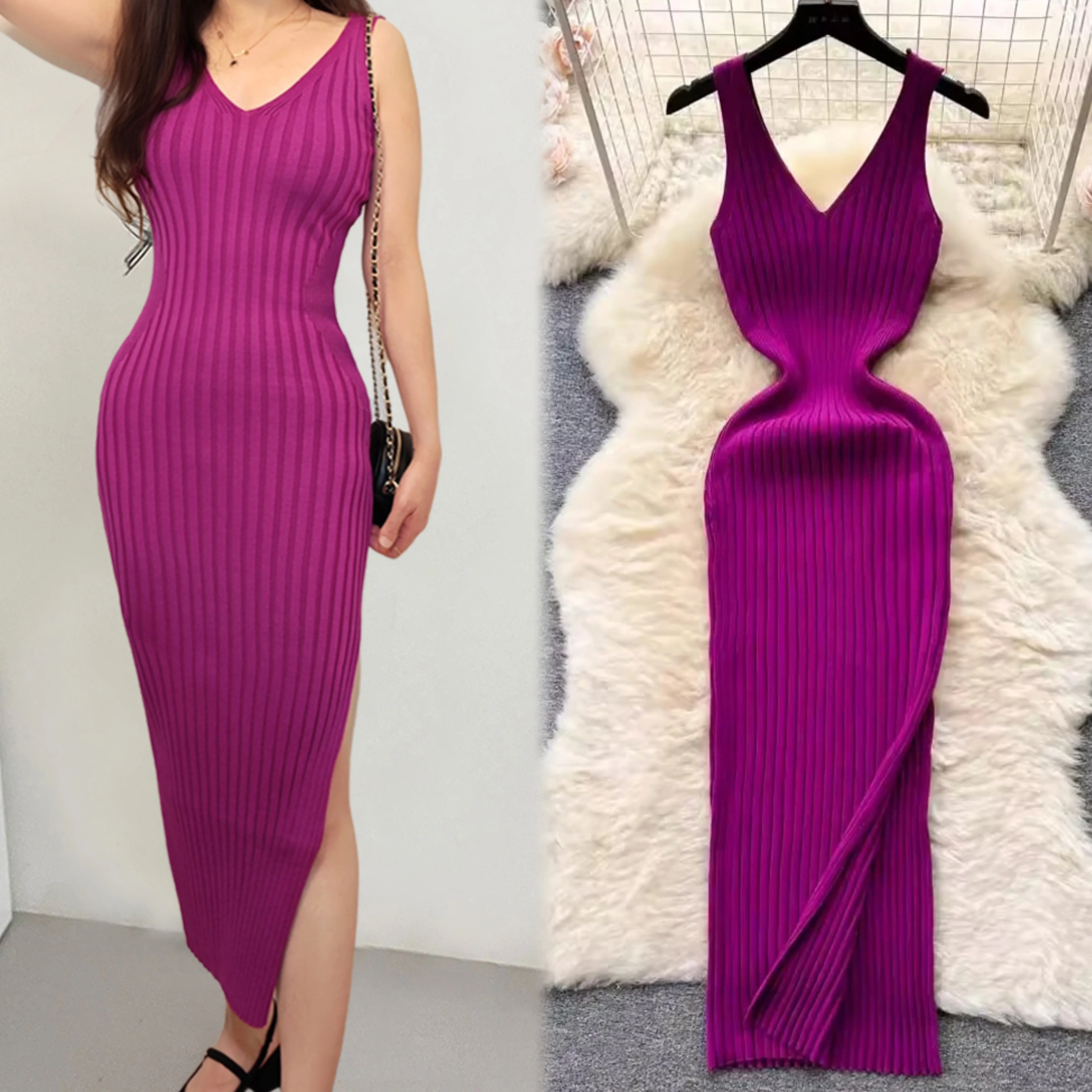 YuooMuoo Frauen Kleid 2025, Sommer Dünne Elastische Rippe Gestricktes Langes Kleid Chic Mode Sexy Paket Hüften, Figurbetontes Partykleid Vestidos
