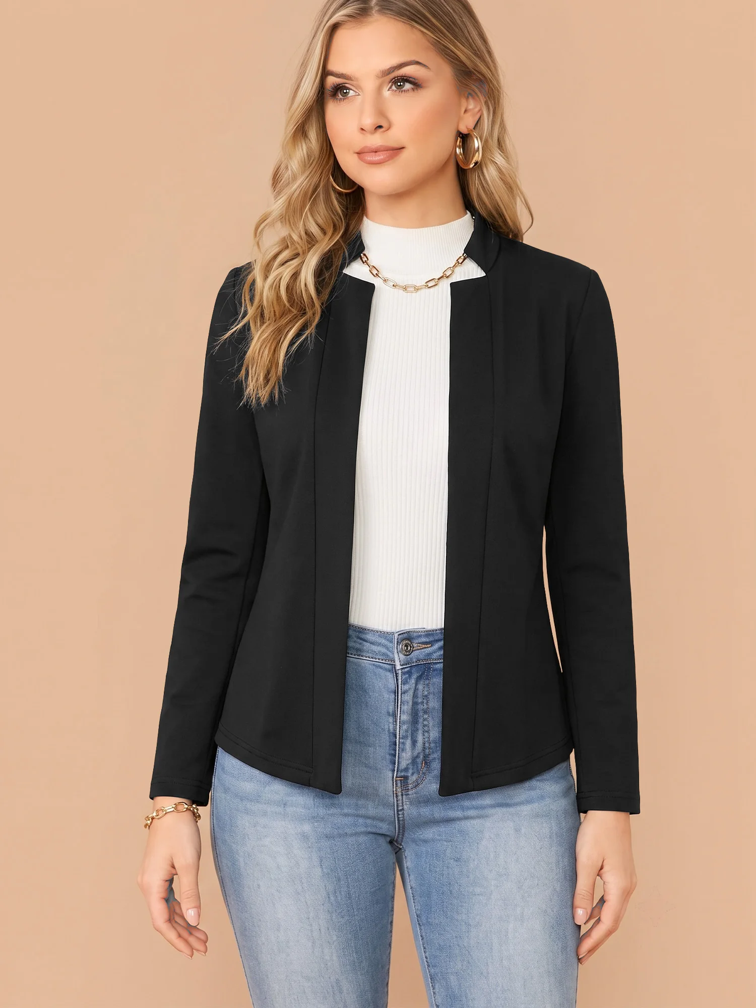 Ladies Lightweight Solid Open Blazer Stand Collar Long Sleeve Slim Fit Everyday Office Outerwear