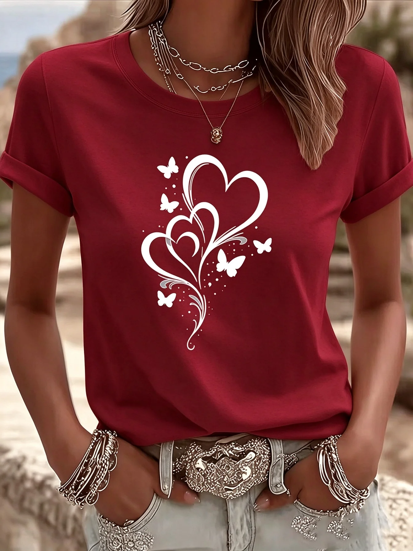 Heart shaped butterfly Print Women T-Shirt Casual short-sleeved Round Neck Top Summer Comfort Tees Y2k Harajuku Women's Clothing