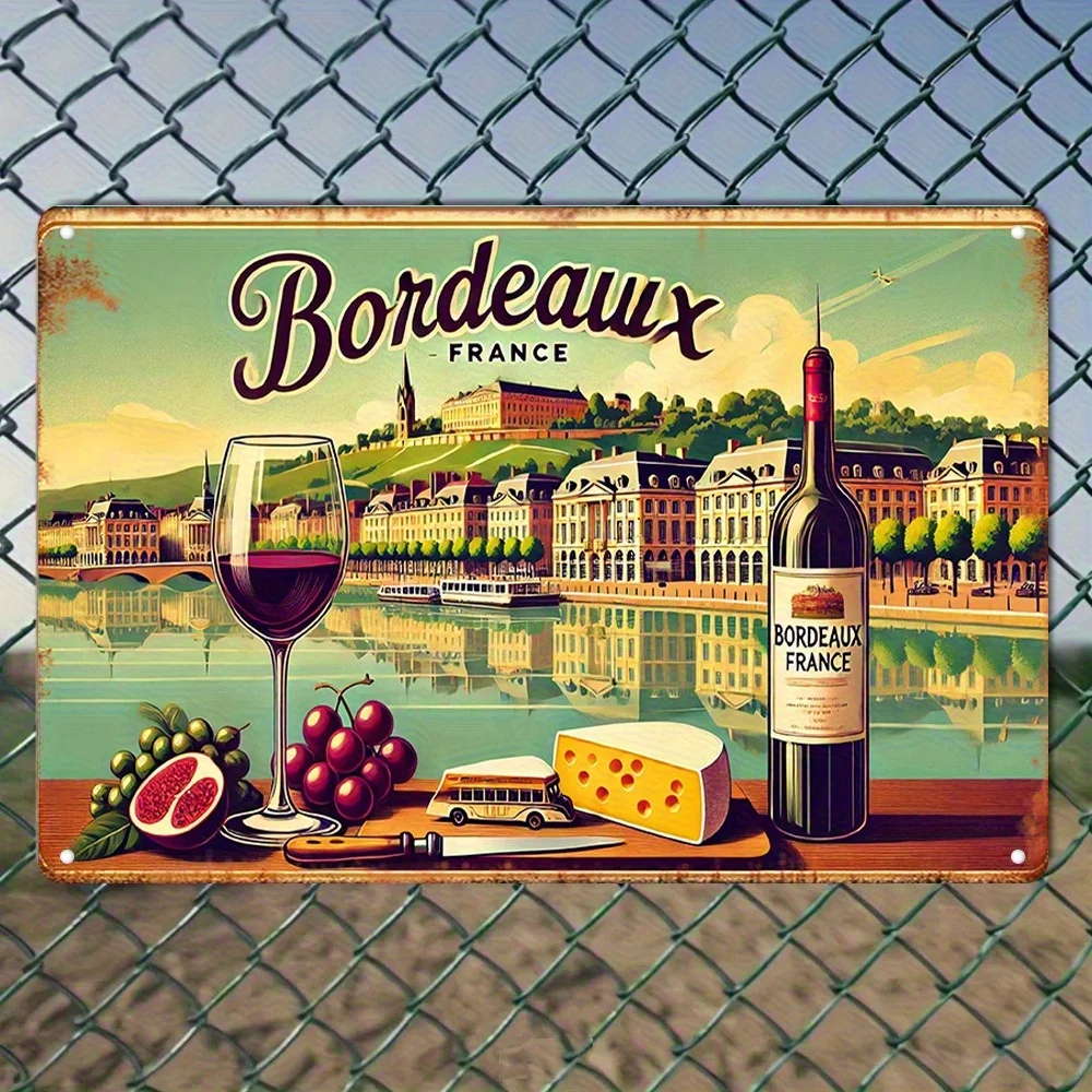 Vintage Bordeaux France Iron Wall Art Sign - Wine & Cheese Theme Retro Decor with Parisian Landmarks,  Inch Rustic Metal Plaque