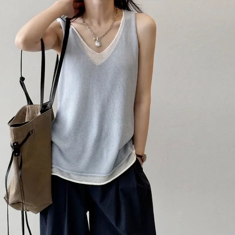 Women Clothing Summer Casual Korean Fashion Color Blocking O-neck Female All-match Fashionable Ice Shreds Fake Two Pieces Tops