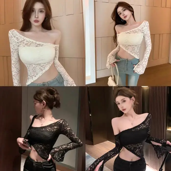 Princess Style Pure Desire Hot Girl Shoulder Bared Bell Sleeve Short Length Lace Spring Autumn New Slim Fit T-Shirt for Women