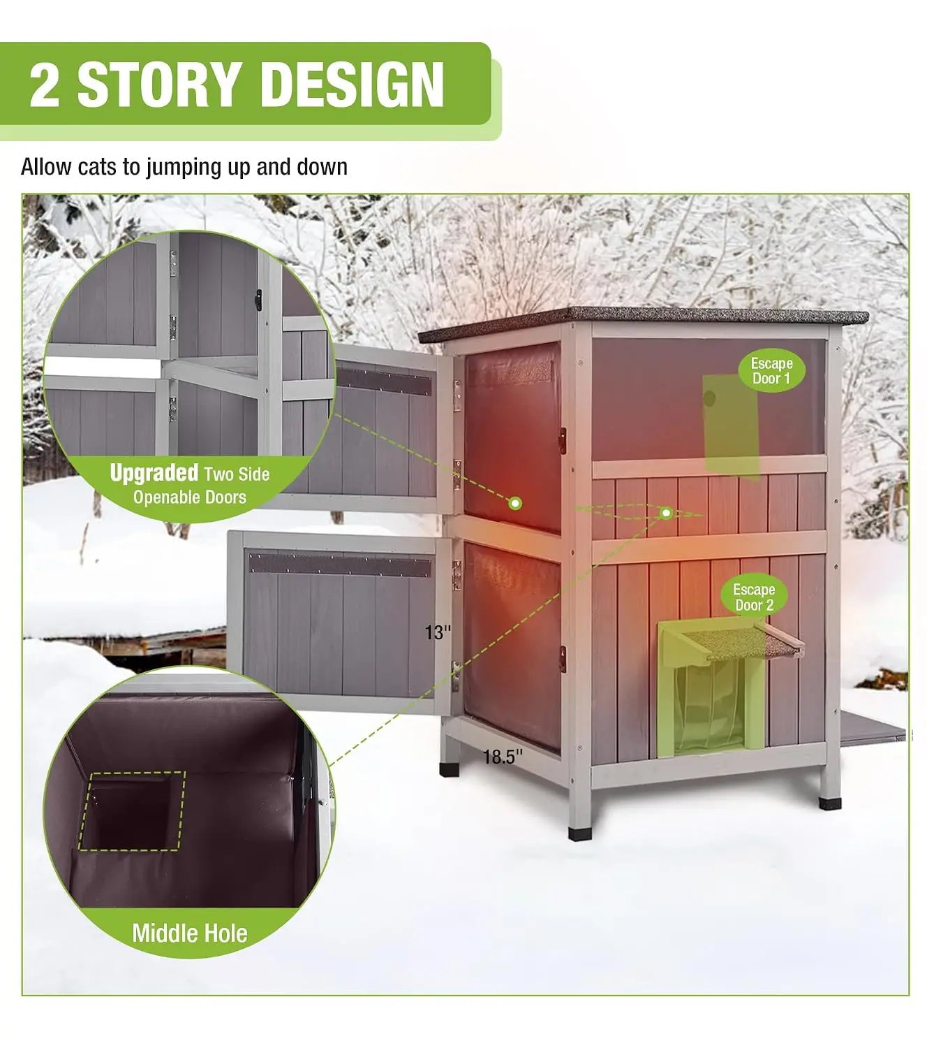 Heated 2-Story Outdoor Cat House Insulated Electric Blanket Waterproof Wooden Shelter Bite-Resistant Wires, Customized view 4