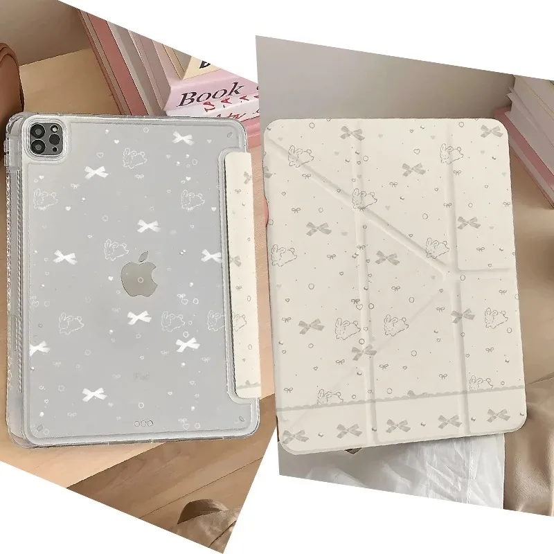Simple Cute Lines Rabbit Bow Cartoon Creative For iPad Case iPad 10 9 8 7 Air 6 5 4 3 2 Pro 11 Mini Y-Fold Tri Fold Cover