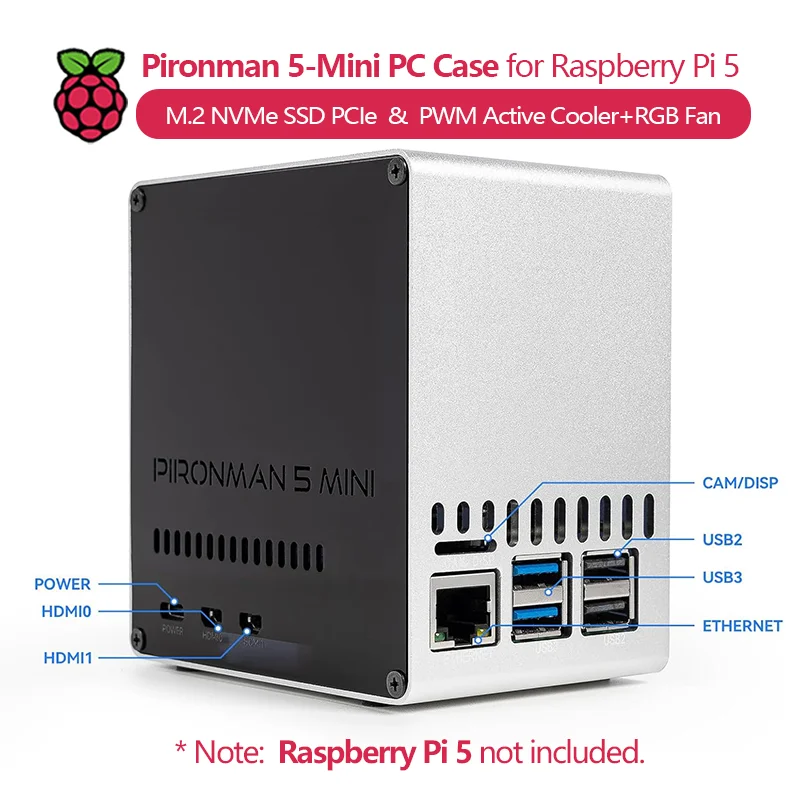 Чехол Pironman 5-Mini для ПК для Raspberry Pi 5 (нет в комплект), поддерживает M.2 NVMe SSD PCIe, с активным кулером PWM + вентилятором RGB