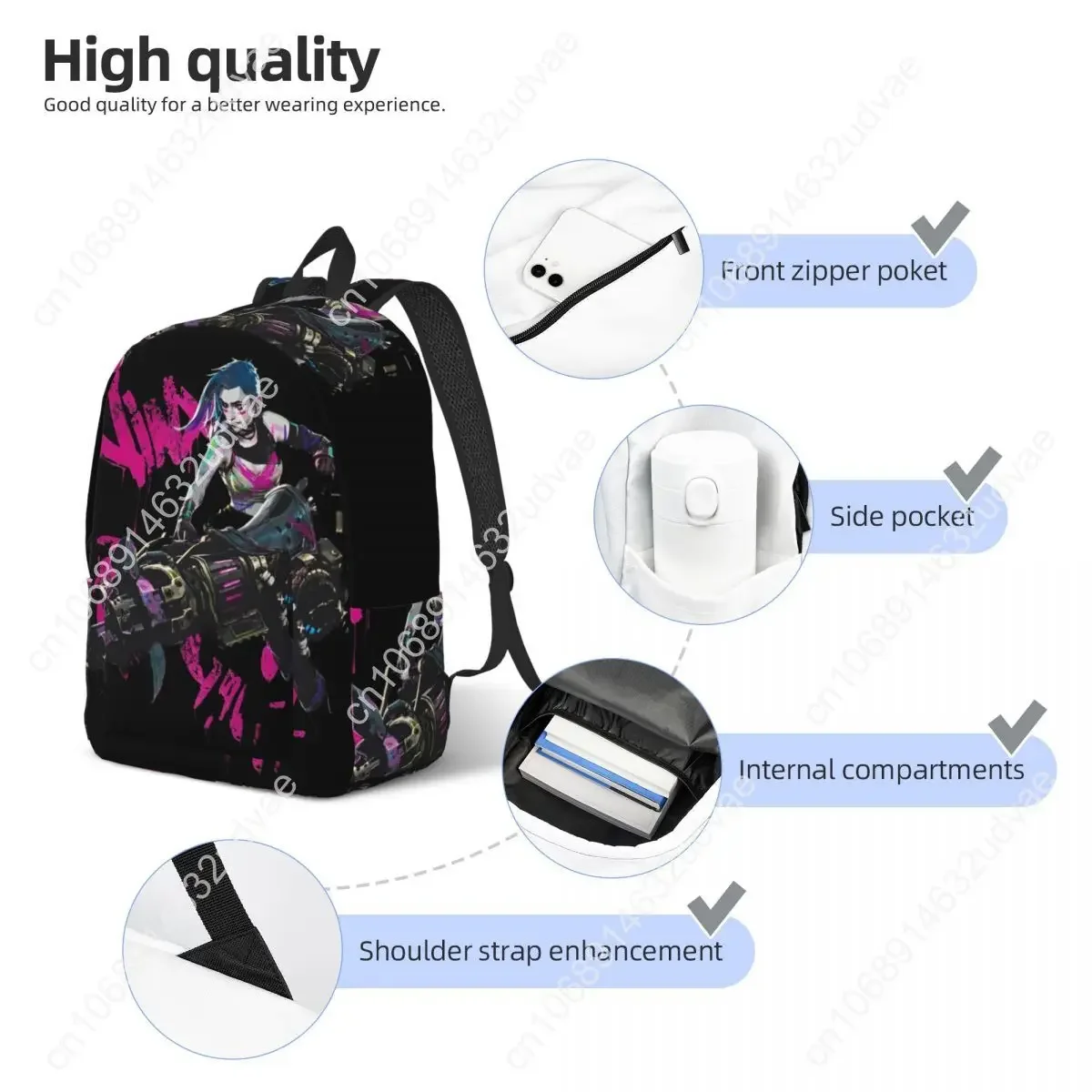 Arcane Anime Jinx Cool Teenage Backpack Outdoor Student Work Daypack for Men Women Laptop Computer Shoulder Bag