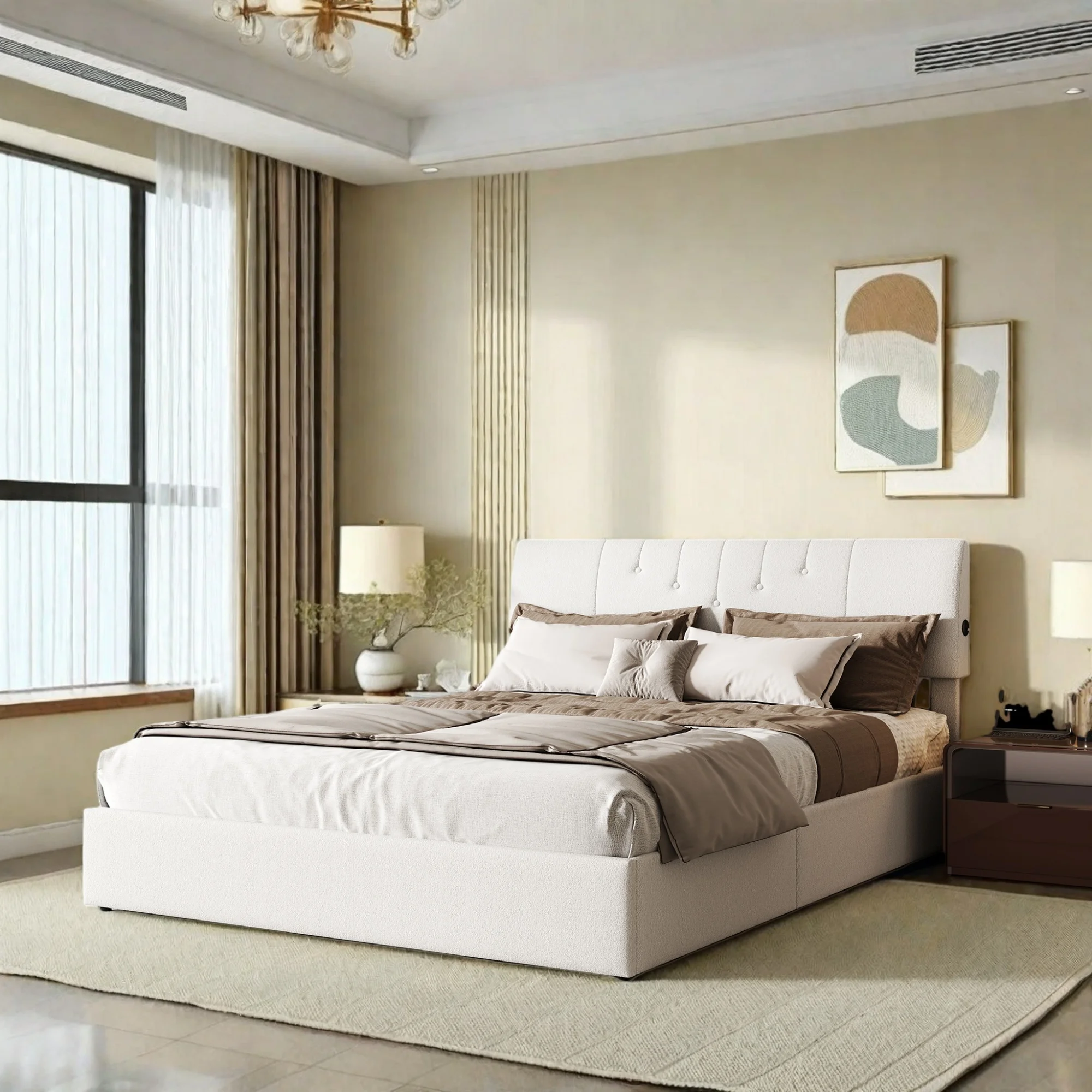 Superaly 140x190cm Gepolstertes Doppelbett mit USB-Ladestation und Stauraum, Teddy-Samt, Milchweiß