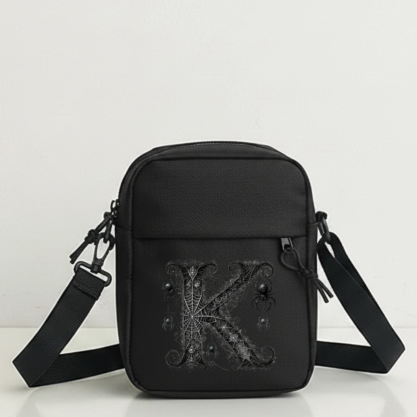 Gothic Spider Web Letter K Print Crossbody Bag Adjustable Strap Multi Pocket Shoulder Bag for Cycling, Party, Music Festival,