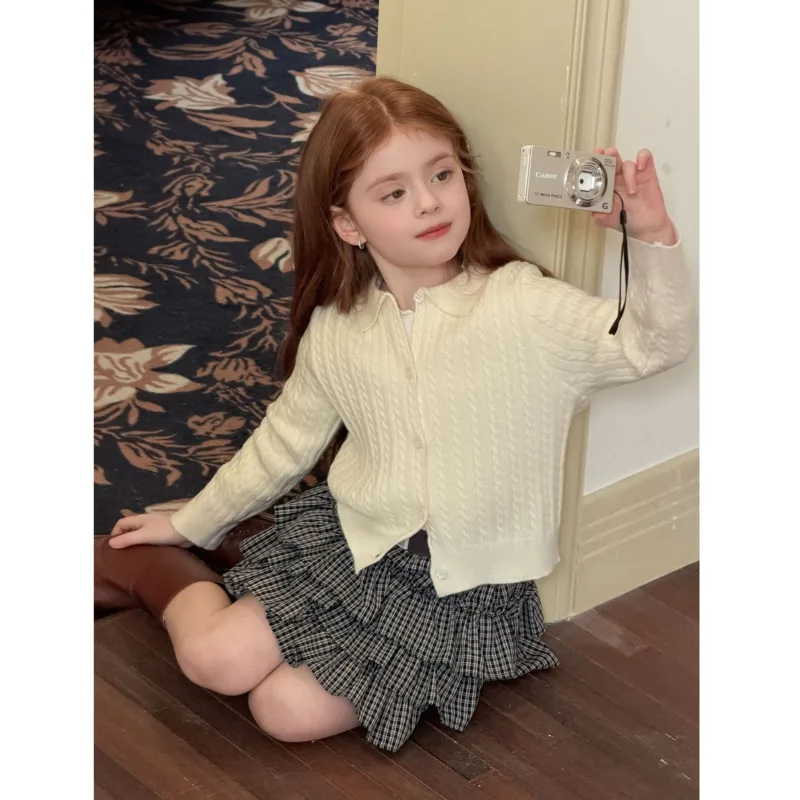 26 Spring Autumn Girls Cotton Classic Turn-down Collar Cable Knit Cardigan Baby Toddler Sweatshirt Coat 3-12 Years Outfit Top