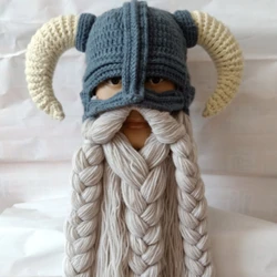 Handmade Long Beard Mask Hat Horns Hat Knitted Skull Balaclava Surprise Gifts for Funny Halloween Cosplay Props