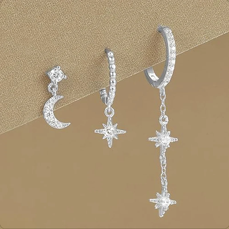 3/6Pcs Earrings Set for Women Girls 14K Gold Silver Plated Moon Star Parkling CZ Multiple Piercing Dainty Stud Hoop Earrings