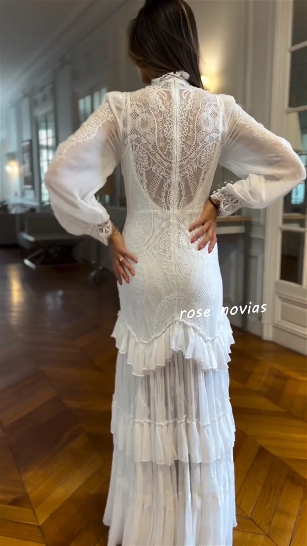 Customized Lace Ruched High Collar A-line Long Dresses Bespoke Occasion Wedding Party Simple Elegant Formal Charming image 5