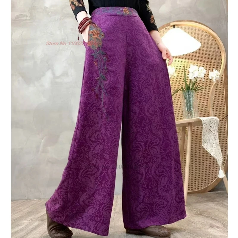 2025 chinese vintage pants retro cotton linen jacquard folk trousers national flower embroidery elastic waist wide leg trousers