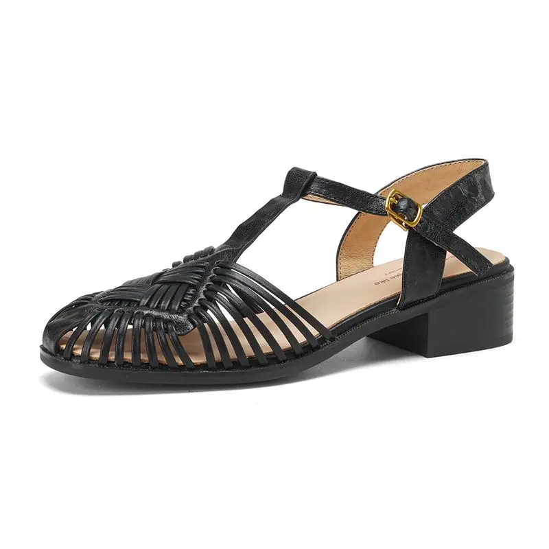 ANOVISHANA Full Grain Leather Women Sandals Round Toe 4cm Thick Heel Buckle T-Strap Soft Handmade Sweet Dating Lady Shoes Beige