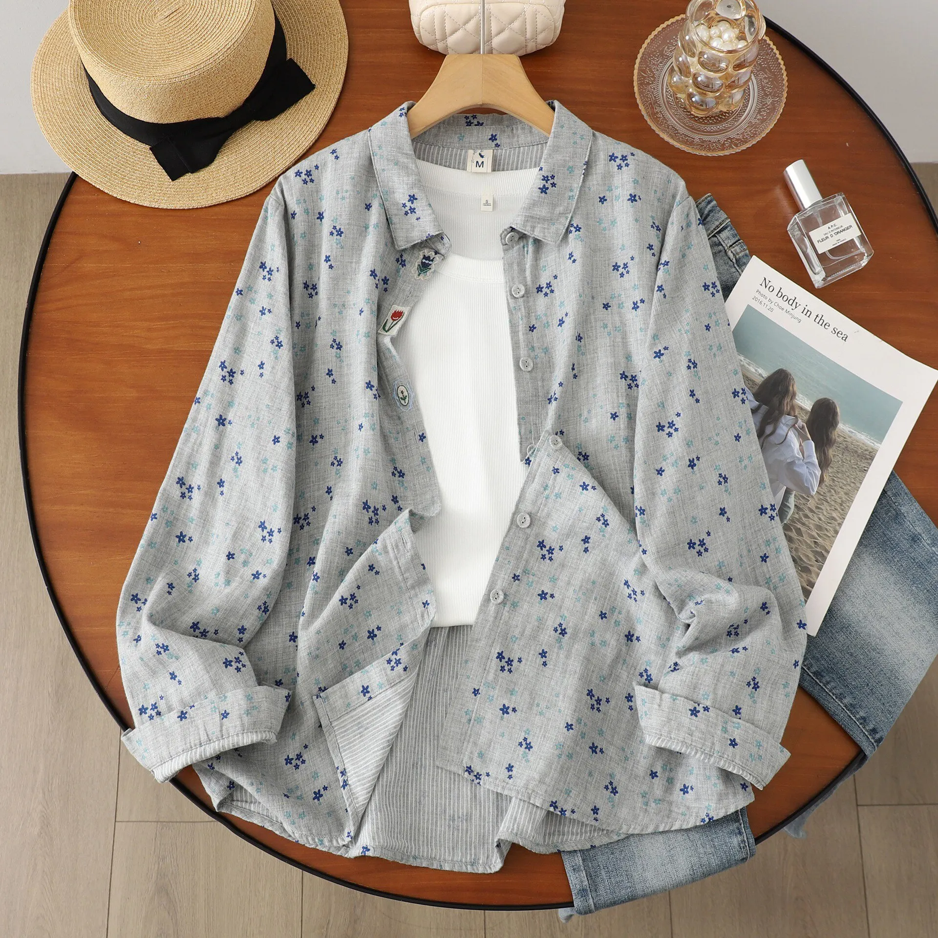Women's Long Sleeve Cotton Shirt Soft Skin-friendly Retro Style Printed Color-woven Double-layered Pure Cotton Top