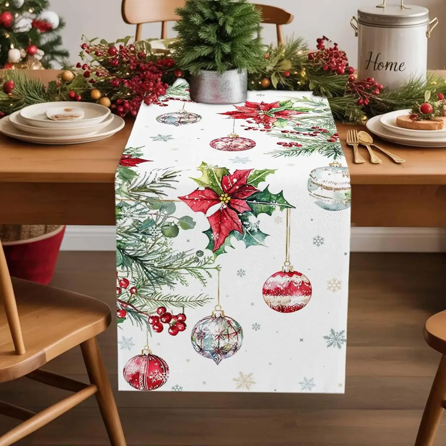 Christmas Poinsettia Berry Xmas Balls Table Runner Party Decor Reusable Winter Kitchen Dining Table Runner Christmas Decoration