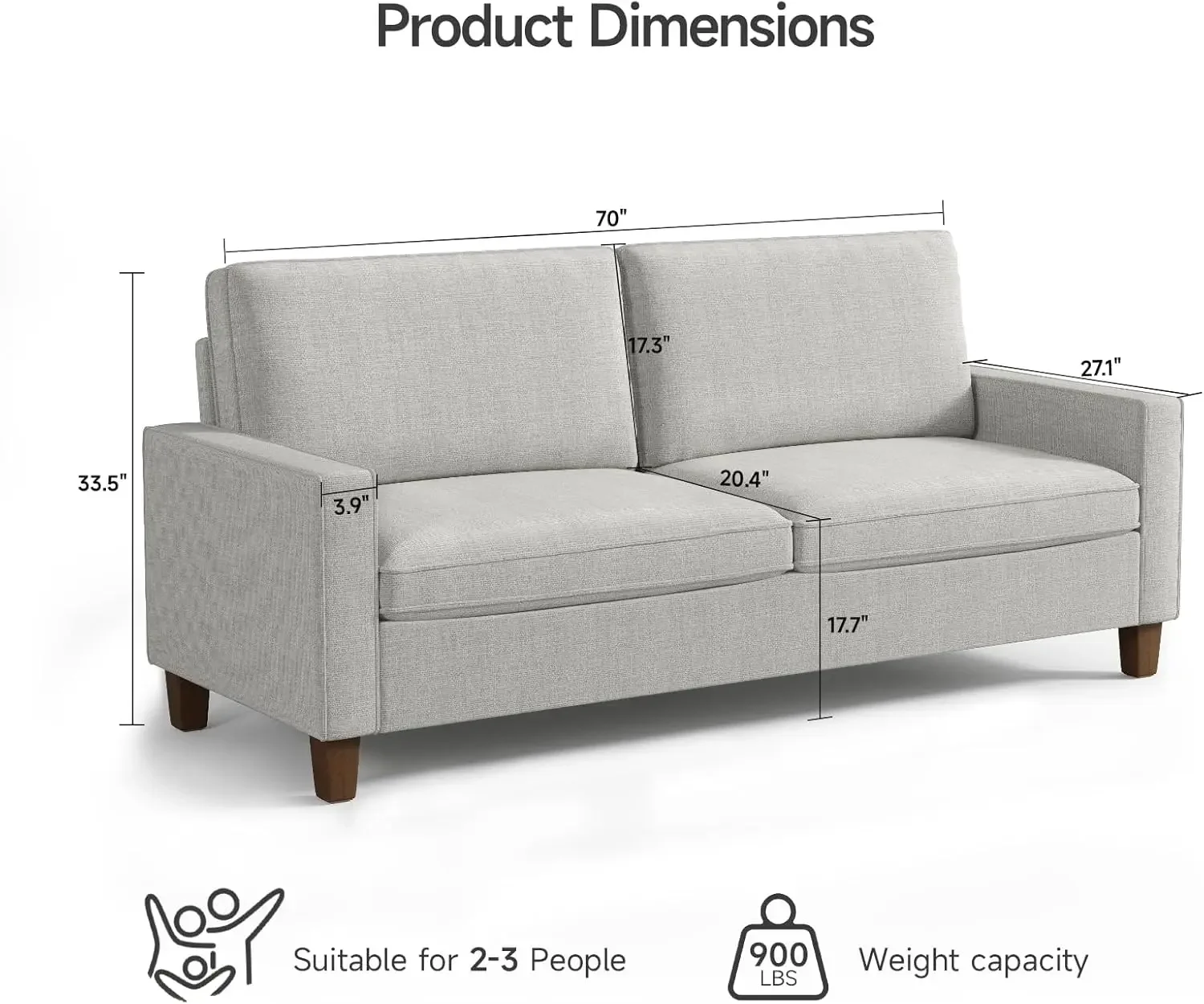 

70" Grey Couch, Small Loveseat Sofa, Linen Fabric Love Seat with Pocket Springs Seat Cushion, Square Armrest, 2 Seats Modern