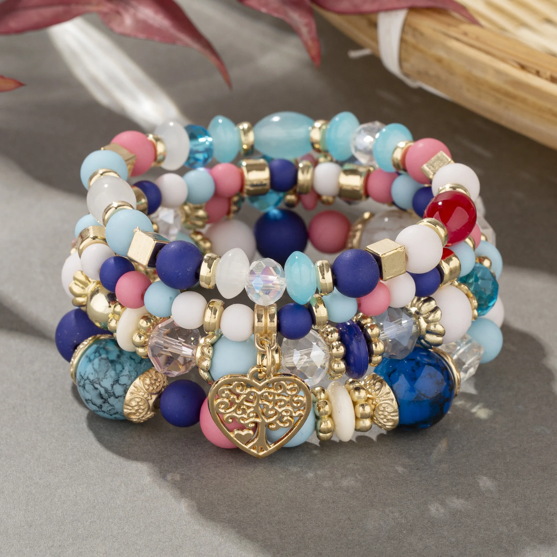 European and American fashion new bohemian ethnic style multi-layer bracelet crystal peach heart beaded women's hand jewelry