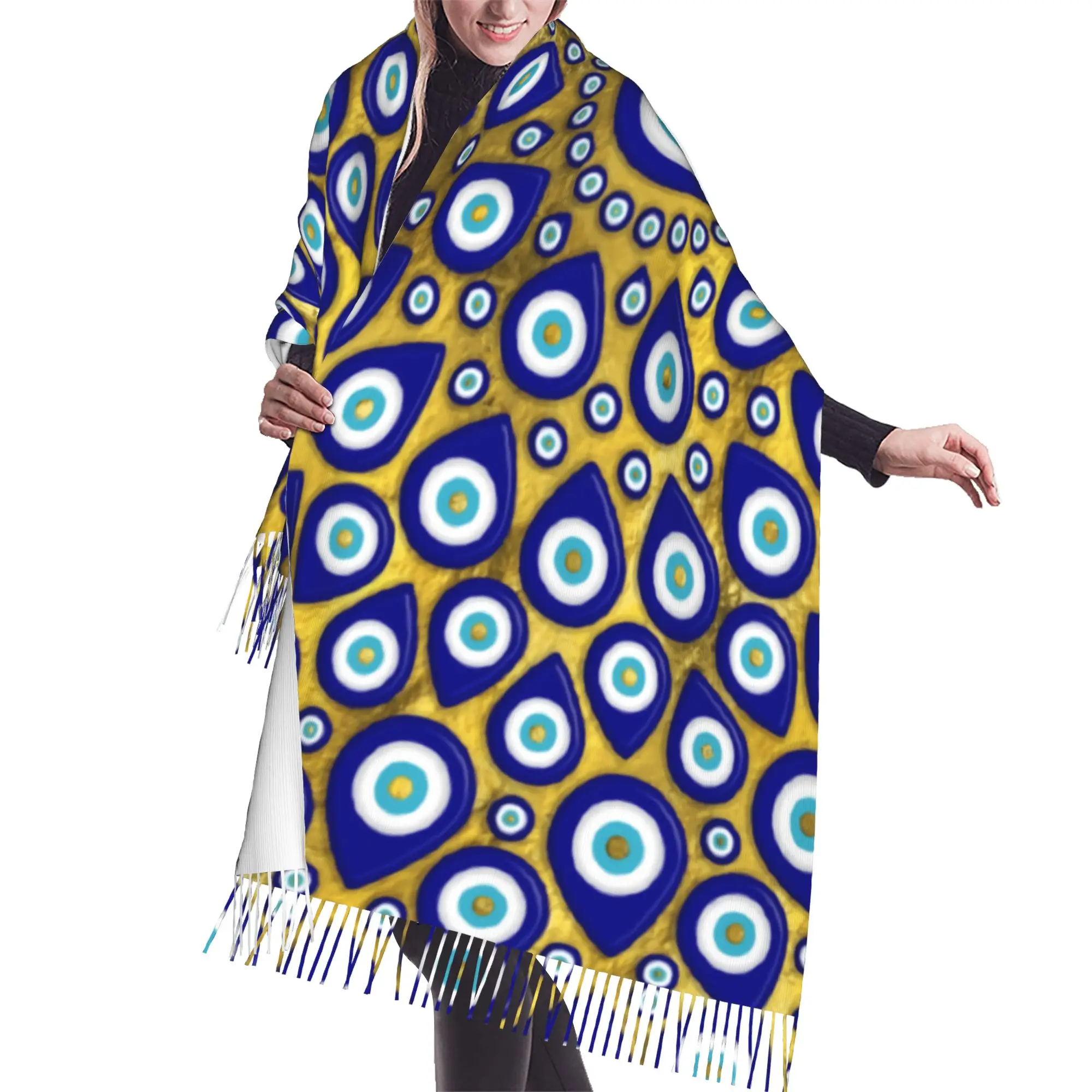Custom Nazar Eye Turkish Eye Charm On Gold Scarf Wrap Women Long Winter Warm Tassel Shawl Unisex Scarves
