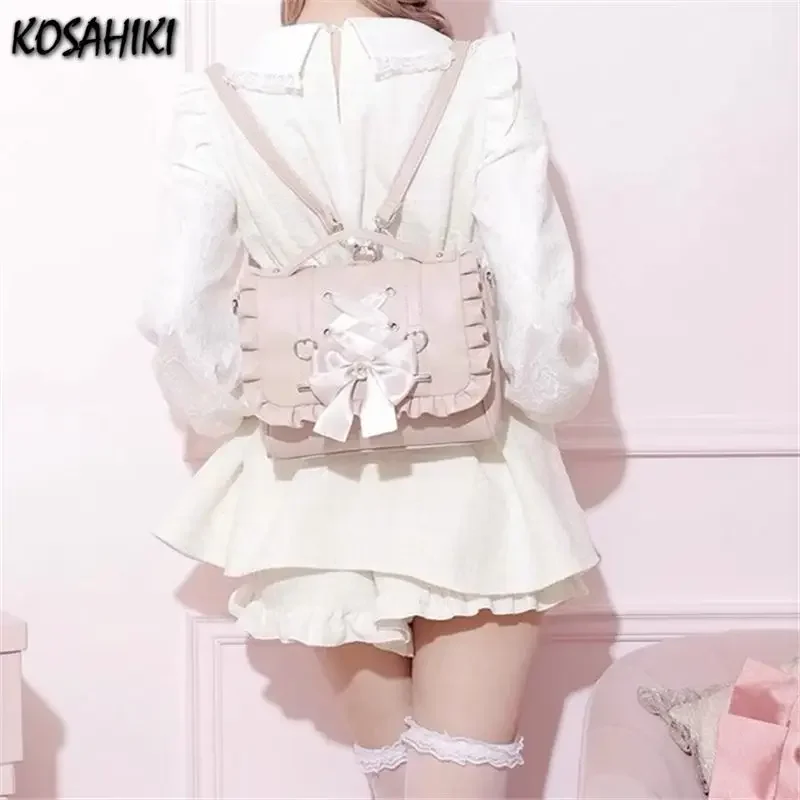 Bags for Women Sweet Lolita Bow Bandage Heart Handbags Kawaii Y2k All Match Schoolbag Students Casual Chic Backpacks Girls Gifts