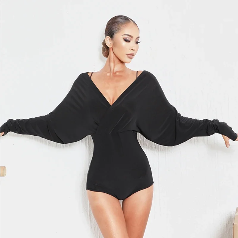 New Latin Dance Tops Bat Sleeves V Neck Long Sleeves Leotard Women Rumba Samba Dancing Clothes Adult Practice Clothing DNV17109