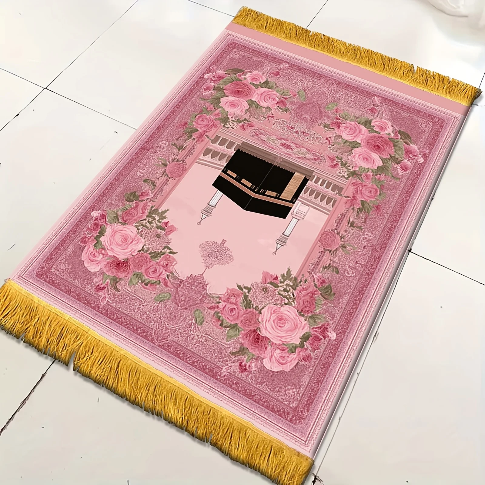 VIKAMA Faltbare Muslimische Gebetsmatte Rosa Outdoor Reise Picknick Teppich mit Quasten Islamisches Ramadan Geschenk Dekoration