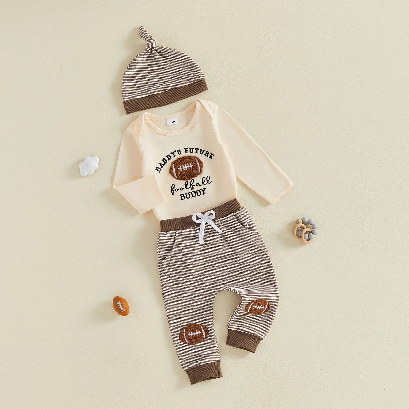 Baby Boy Football Outfits Rugby Letter Embroidered Long Sleeve Romper Striped Pants and Hat 3 Piece Fall Set