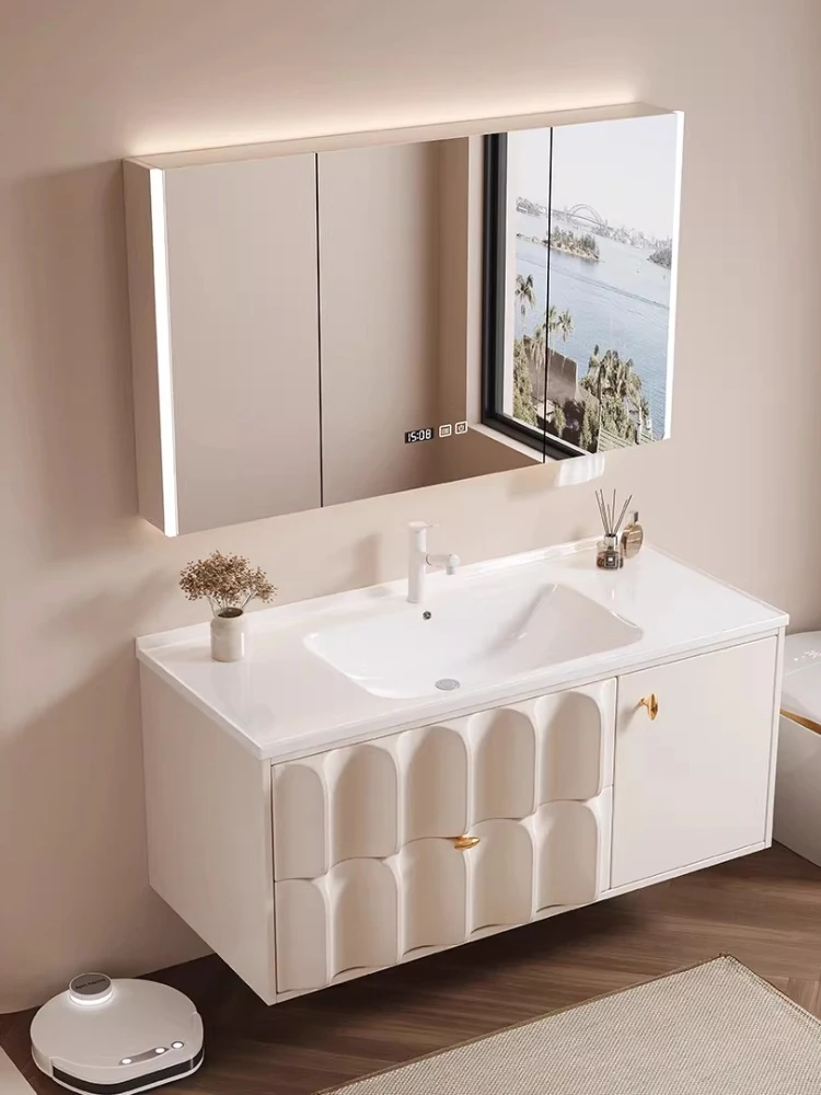 

Ceramic integrated basin cream style hanging rubber wood paint smart bathroom cabinet washbasin customization