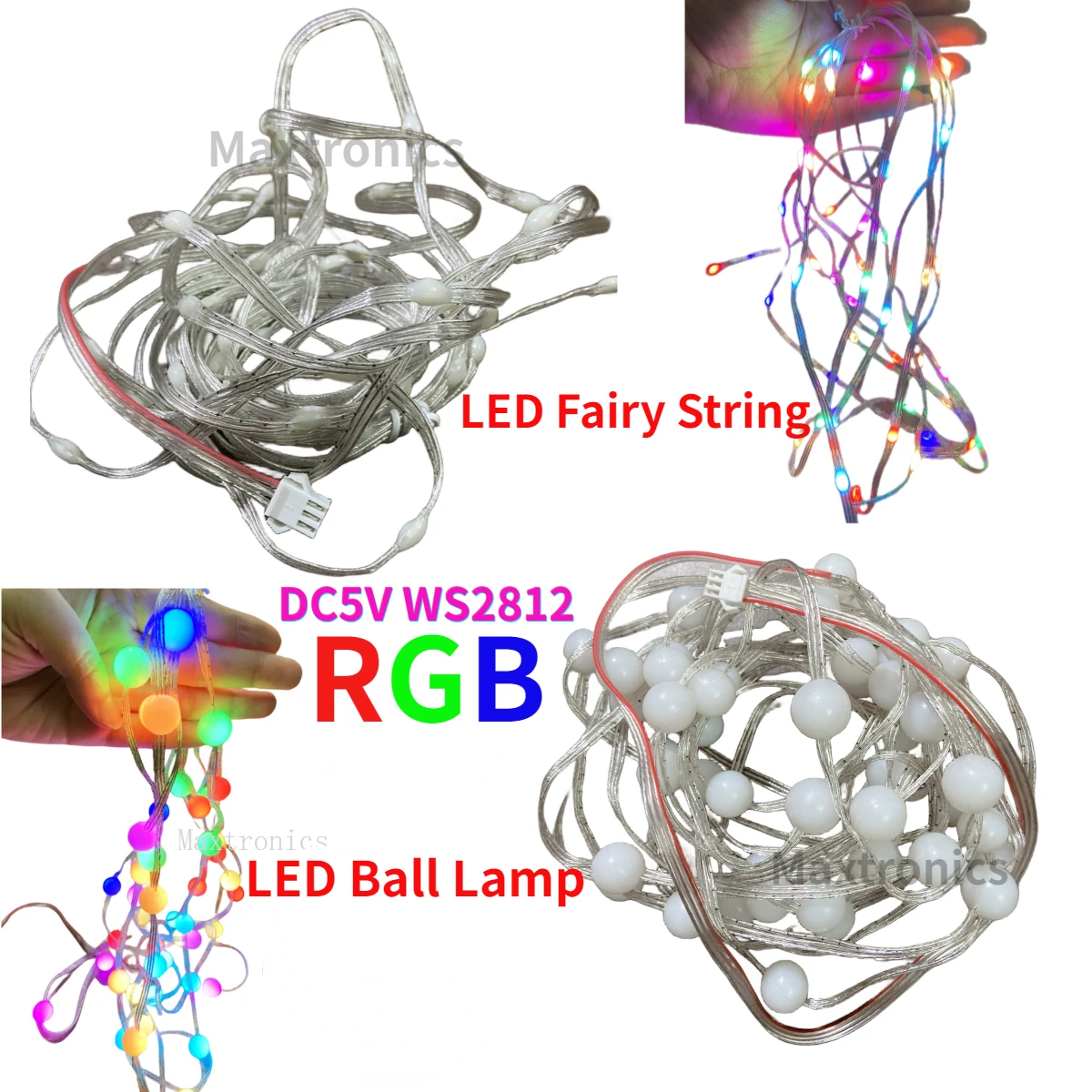 Cadena de hadas LED RGB, lámpara de bola programable, resistente al agua, 5M, DC5V, WS2812B, 15MM, para boda, vacaciones, decoración de árbol