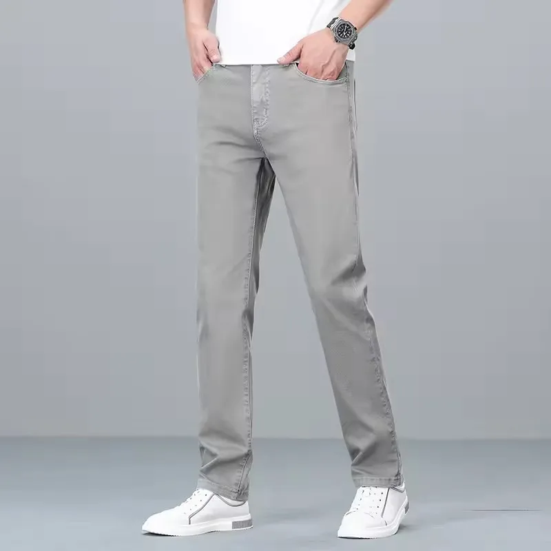 

Classic Men's Cotton Jeans Summer Thin Fitted Straight Business Casual High Waist Denim Work Trousers Blue Gray