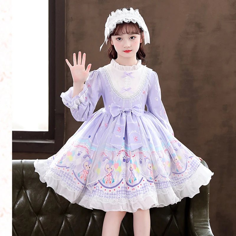 Lolita Style Girls Dress Net Yarn Splicing Cartoon Rabbit Print Bow Decorate Long Sleeve Party Princess Dress For 4-12Y Kids