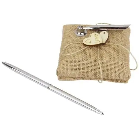 Vintage Burlap Pen Stand and Pen Set for Wedding Bridal Reception Wood Hearts Decor Party Event Favor Guests Kid Gifts