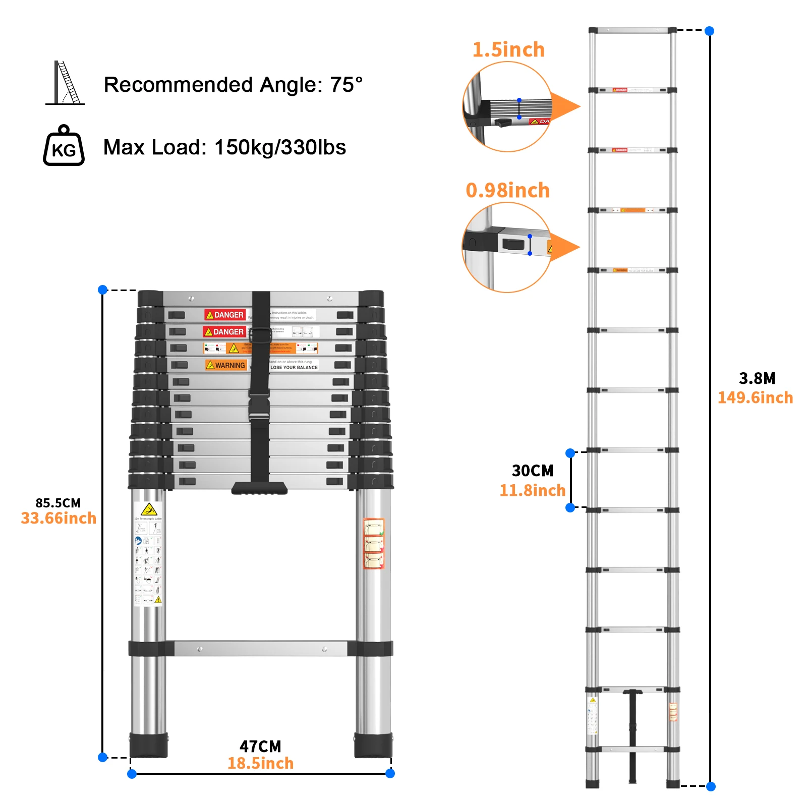 Telescopic Ladder Stainless Steel,load 150kg, Convenient Extendable ,For Pulling Walls, Changing Light Bulbs,Repairing Roofs,RV image 3