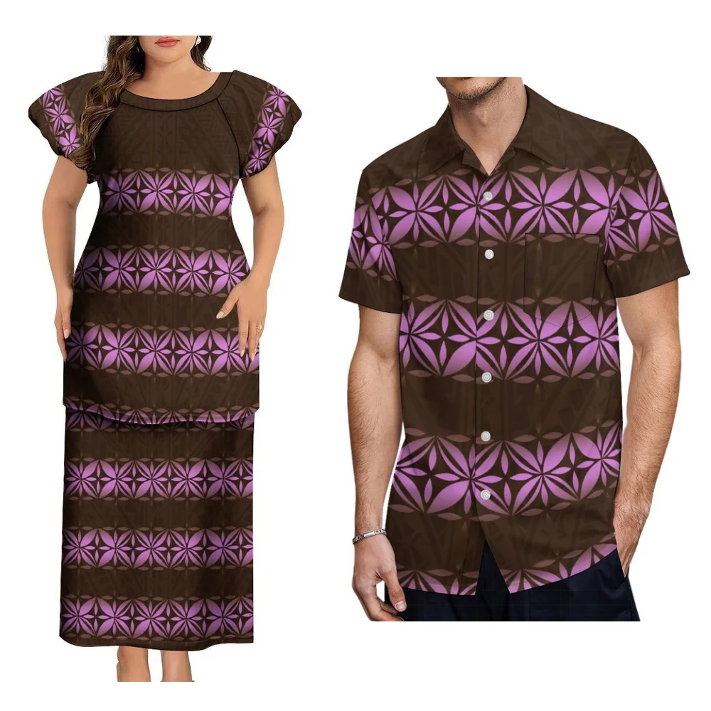 플로럴 프린트 폴리네시안 아일랜드 커스텀 커플 세트, 패셔너블하고 우아한 여성 풀레타시 투피스 남성 비치 휴가 셔츠
