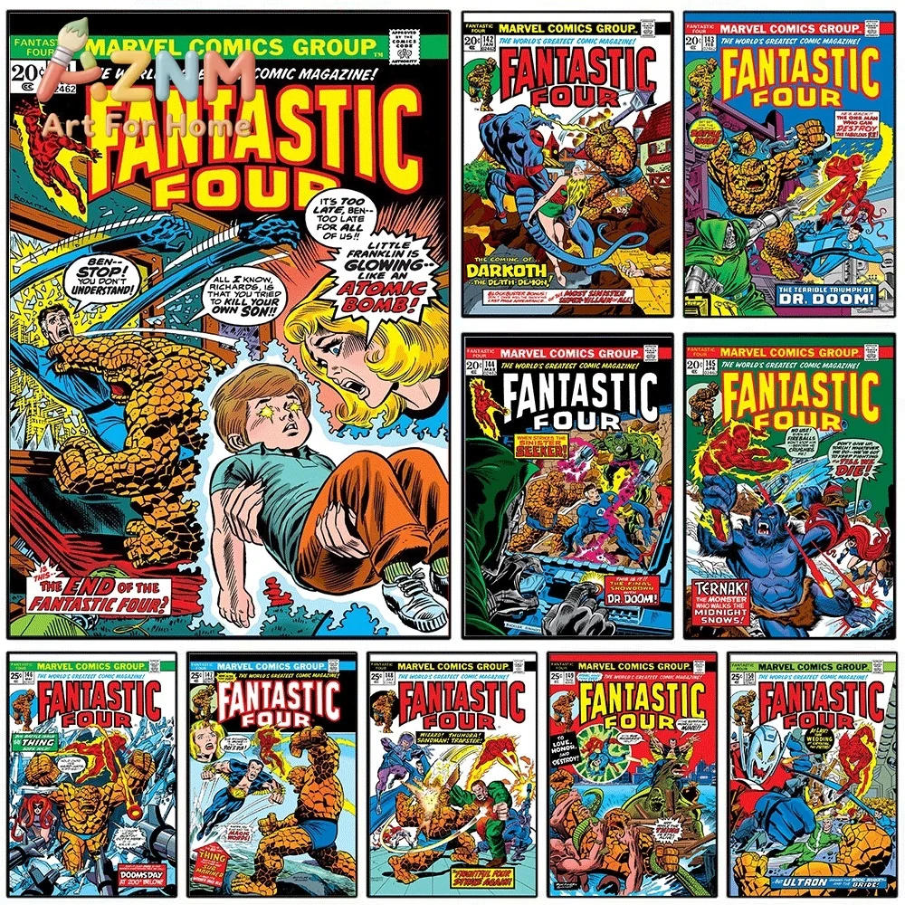 AZNM Fantastic Four The End of The Fantastic Four Vintage Comic Collage Canvas Wall Art Unframed Print, Superhero Poster for B