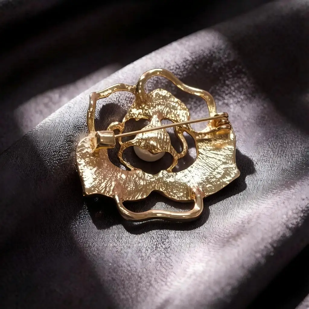 "Camellia" Golden Camellia Hollow-Out Brooch |   Korean-Style Elegant and High-End Accessories, Versatile Clothing Embellishments, Unique Personality Brooches, High-Value Anti-Exposure Gadgets for Women, Instagram-Worthy High-End Temperament Versatile Pins, Exquisite Brooches. - view 3