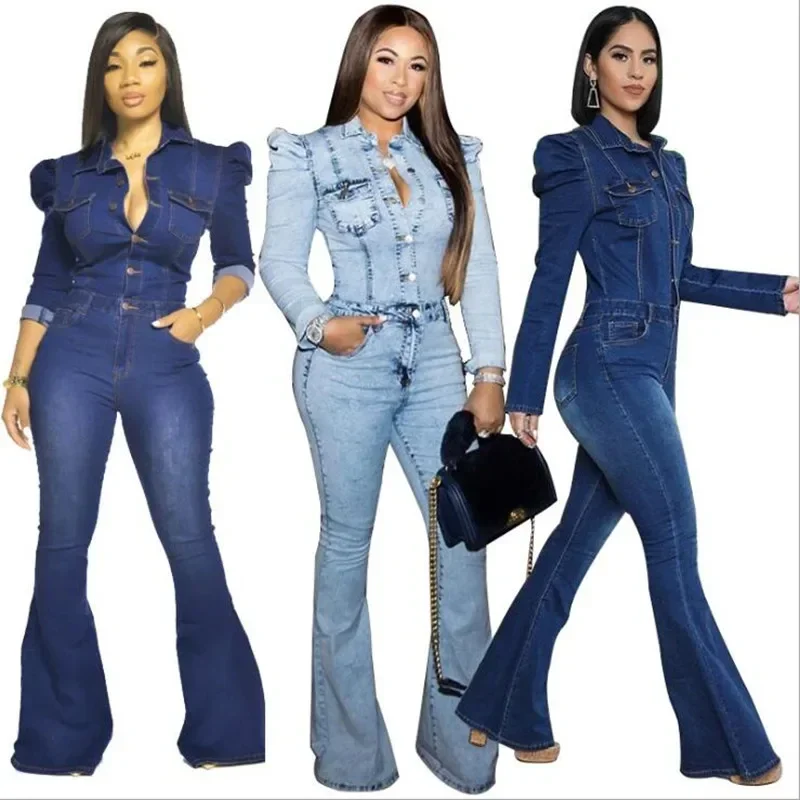 

Women Skinny Denim Overall Jumpsuit Autumn Slim Full Sleeve Denim Flare Jeans Rompers Night Club Party One Piece Bandage Outfits