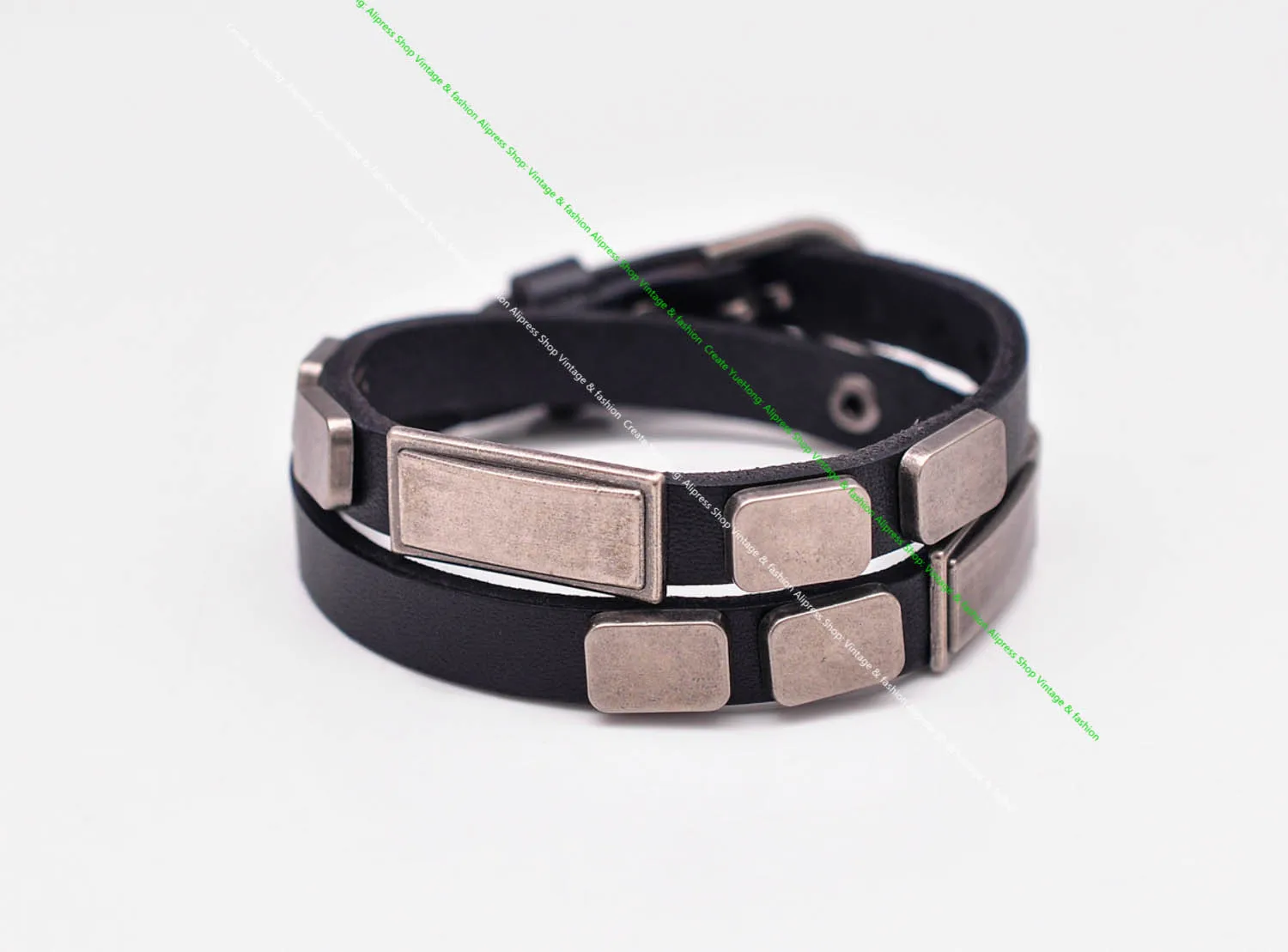 G396 Black New Tag Studded Double Wrap Genuine Leather Wristband Bracelet Cuff New