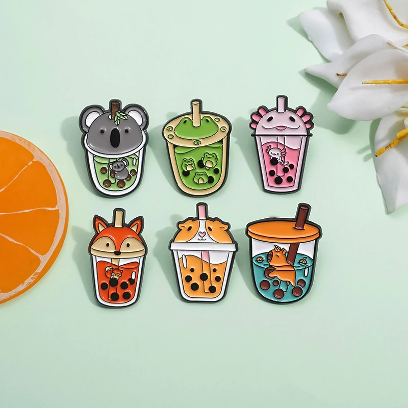 Animal Straw Cup Enamel Pins Cute Cartoon Frog Dog Fox Hippo Brooches Lapel Badge Backpack Clothes Jewelry Gift for Friends